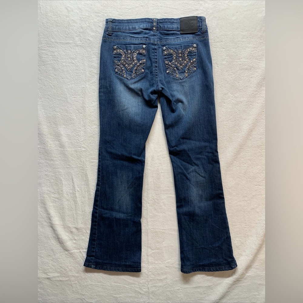 Women’s C3 Jeans Dark Size 7 Embroidered Rhinestone Mid Rise distressed